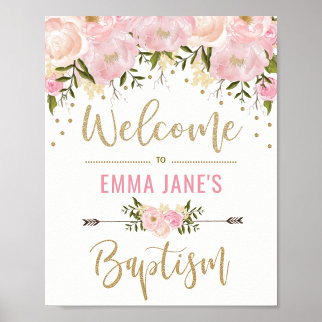 Guld Glitter Rosa Blommig Dop Välkomstskylt Poster (Framsidan)
