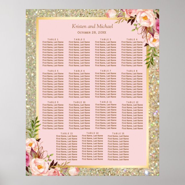 Guld Glitter Rosa Blommigt 15 Bord sittplatsplan Poster (Framsidan)