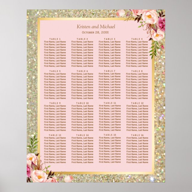 Guld Glitter Rosa Blommigt 16 Bord Sittplatsdiagra Poster (Framsidan)