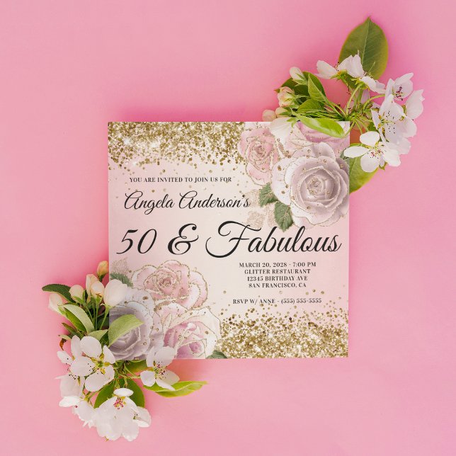 Guld Glitter  Rosa Blommigt 50 & Fabulous Inbjudningar (Create your own milestone birthday invitation for her.)