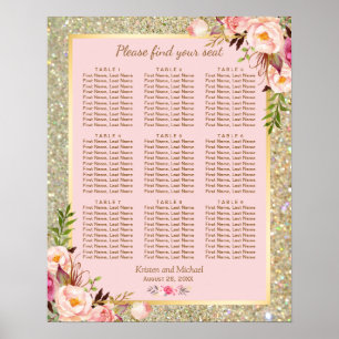 Guld Glitter Rosa Blommigt 9, sittplatsplan för Bo Poster