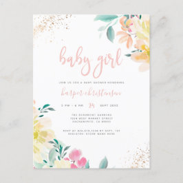 Guld Glitter Rosa Blommigt Baby Shower för barn i Inbjudan Vykort