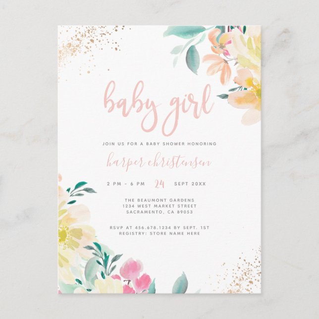 Guld Glitter  Rosa Blommigt Baby Shower för barn i Inbjudan Vykort (Framsida)