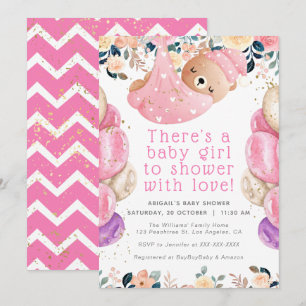 Guld Glitter Rosa Blommigt Bear Girl Baby Shower Inbjudningar