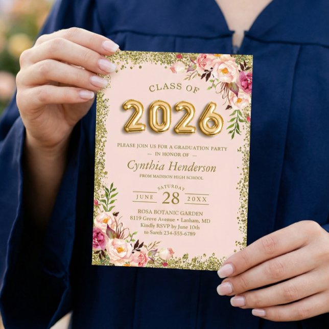 Guld Glitter Rosa Blommigt Bubblons 2023 Studenten Inbjudningar (Skapare uppladdad)