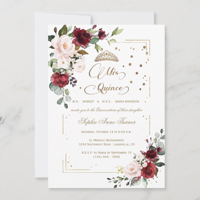 Guld Glitter Rosa Blommigt Mis Quince Quinceañera Inbjudningar (Framsida)