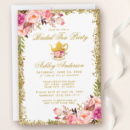 Guld Glitter Rosa Blommigt Möhippa Tea Party Inbju Inbjudningar
