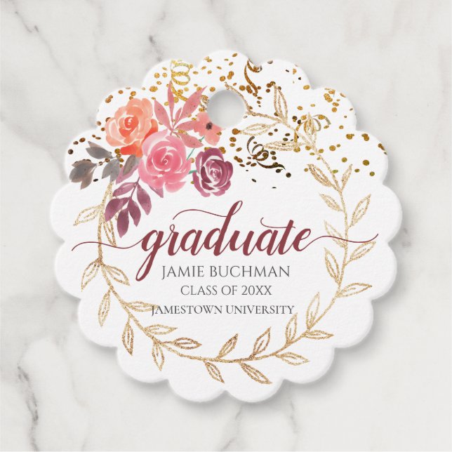 Guld Glitter Rosa Blommigt Student Gift Gåvor Etiketter (Framsida)