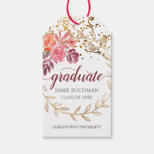 Guld Glitter Rosa Blommigt Student Presentetikett