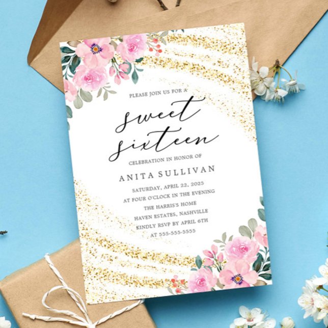 Guld Glitter Rosa Blommigt Sweet sixteen 16 födels Inbjudningar (Skapare uppladdad)