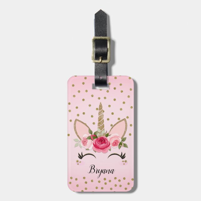 Guld Glitter & Rosa Blommigt Unicorn Trendig Cute Bagagebricka (Vertikal Framsida)