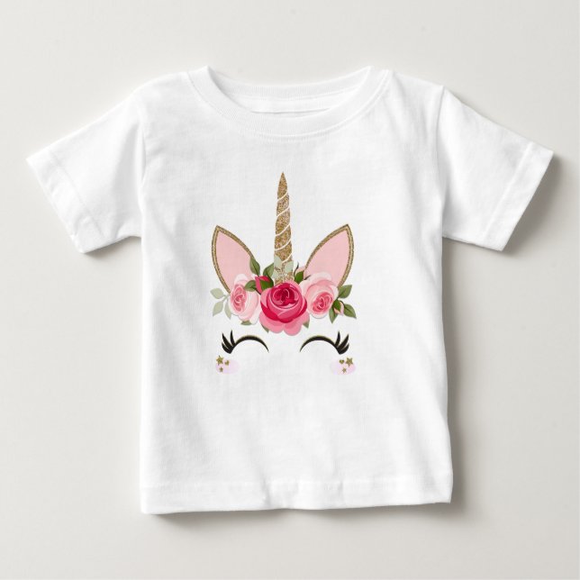 Guld Glitter & Rosa Blommigt Unicorn Trendig T Shirt (Framsida)