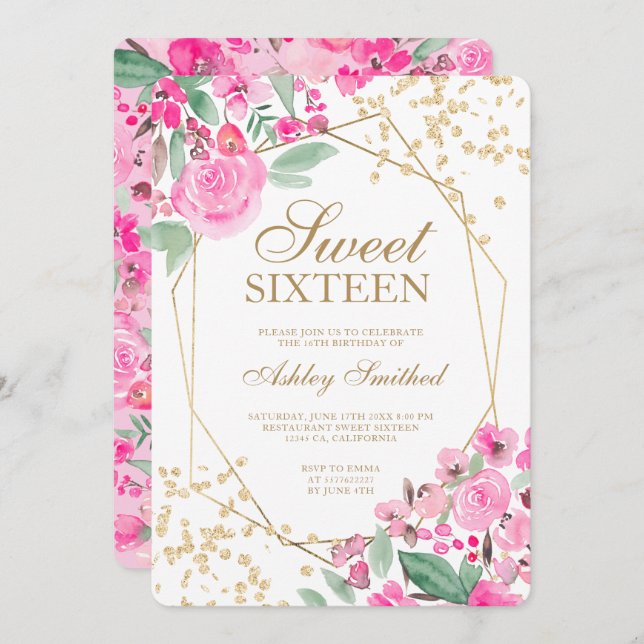 Guld glitter rosa blommigt vattenfärg Söt 16 Inbjudningar (Fram/baksida)