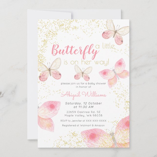 Guld Glitter Rosa Butterflies Girl Baby Shower Inbjudningar (Framsida)