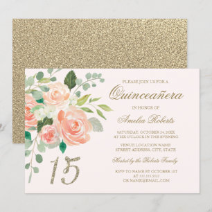 Guld Glitter Rosa Fersk Floral Quinceanera Inbjudningar
