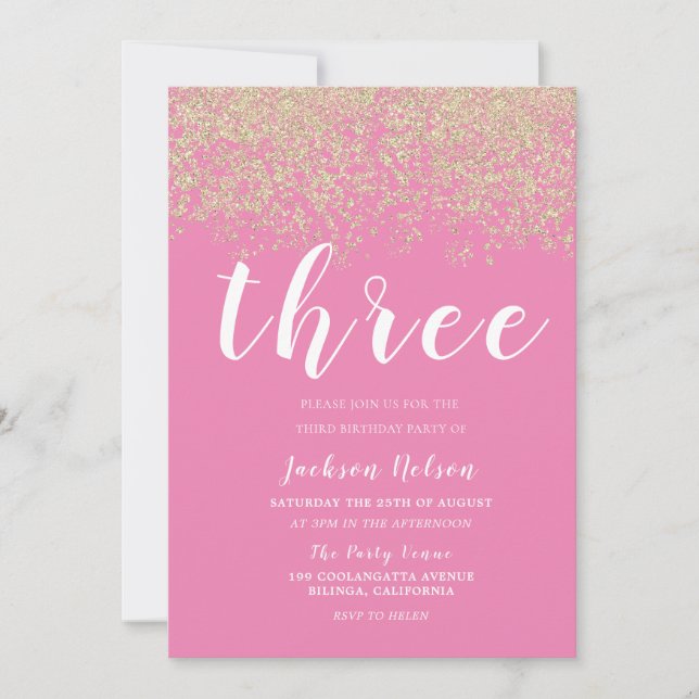 Guld Glitter Rosa Flickor 3:e födelsedag Party Inbjudningar (Framsida)