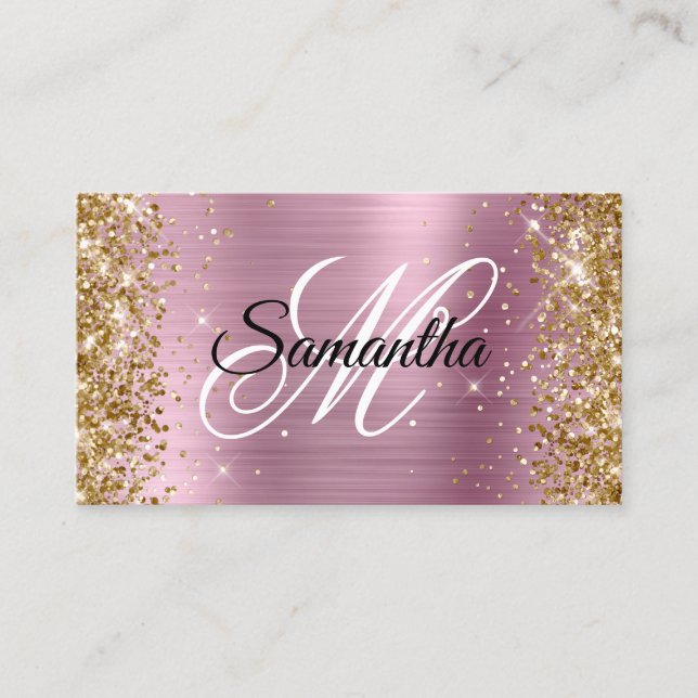 Guld Glitter Rosa Foil Finare Monogram Visitkort (Framsida)