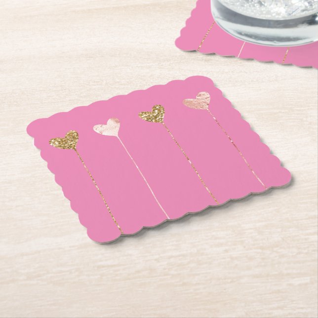 Guld Glitter Rosa Glam Heart Strings Birthag Underlägg Papper (Vinklad)