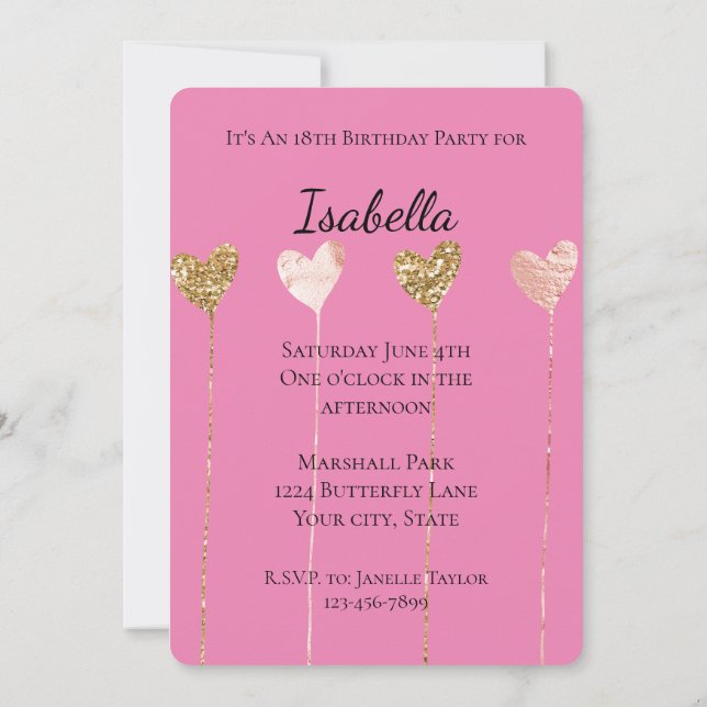 Guld Glitter Rosa Glam Hjärt Sladdar Födelsedag Inbjudningar (Baksida)