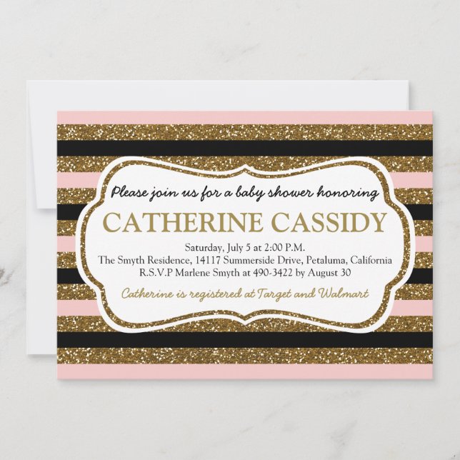 Guld- glitter, rosa kvartbaby showerinbjudan inbjudningar (Framsida)