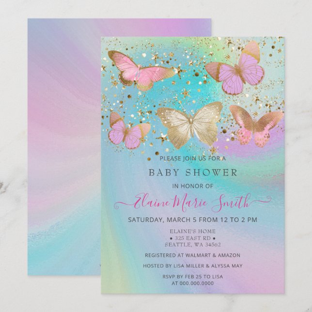 Guld Glitter Rosa Lila Butterflies Baby Shower Inbjudningar (Fram/baksida)