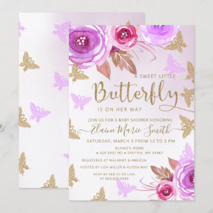 Guld Glitter Rosa Lila Butterflies Baby Shower Inbjudningar