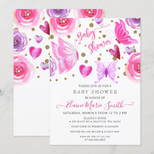 Guld Glitter Rosa Lila Butterflies Baby Shower Inbjudningar