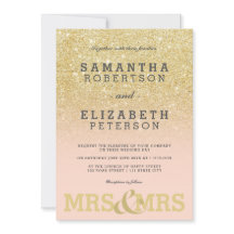 Guld glitter rosa ombre lesbisk bröllopsinbjudan