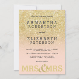Guld glitter rosa ombre lesbisk bröllopsinbjudan inbjudningar