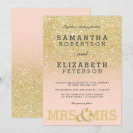 Guld glitter rosa ombre lesbisk bröllopsinbjudan inbjudningar