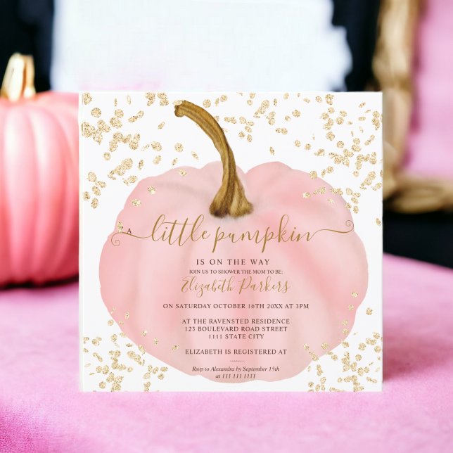 Guld glitter rosa pumpa vattenfärgdusch för vatten inbjudningar (Gold glitter pink pumpkin watercolor baby shower invitation)