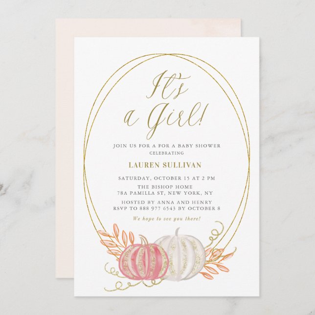 Guld Glitter Rosa Pumpkins Det är en flicka Babysk Inbjudningar (Fram/baksida)