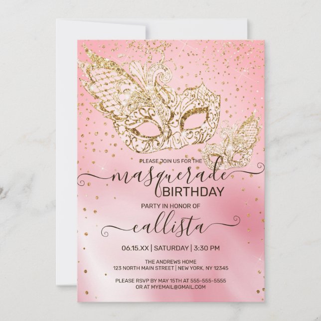Guld Glitter Rosa Silke Masqueraaddag Inbjudningar (Framsida)