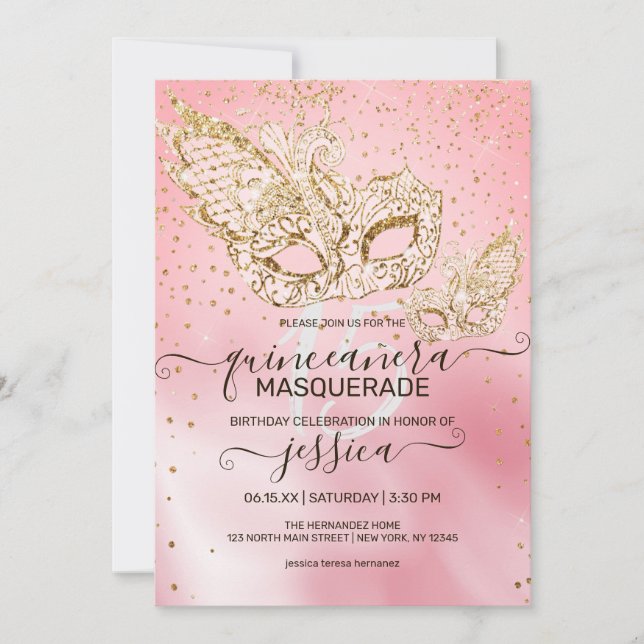 Guld Glitter Rosa Silke Masquerad Quinceañera Inbjudningar (Framsida)