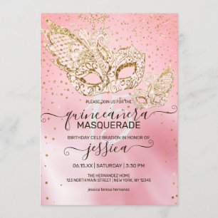 Guld Glitter Rosa Silke Masquerad Quinceañera Inbjudningar