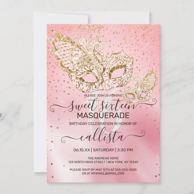 Guld Glitter Rosa Silke Masquerad Sweet 16 Inbjudningar (Framsida)