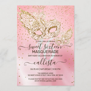 Guld Glitter Rosa Silke Masquerad Sweet 16 Inbjudningar