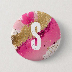 Guld Glitter Rosa Splatter Monogram Personlig Knapp