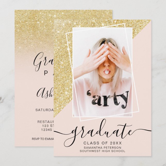 Guld Glitter rosa student studenten Inbjudningar (Fram/baksida)