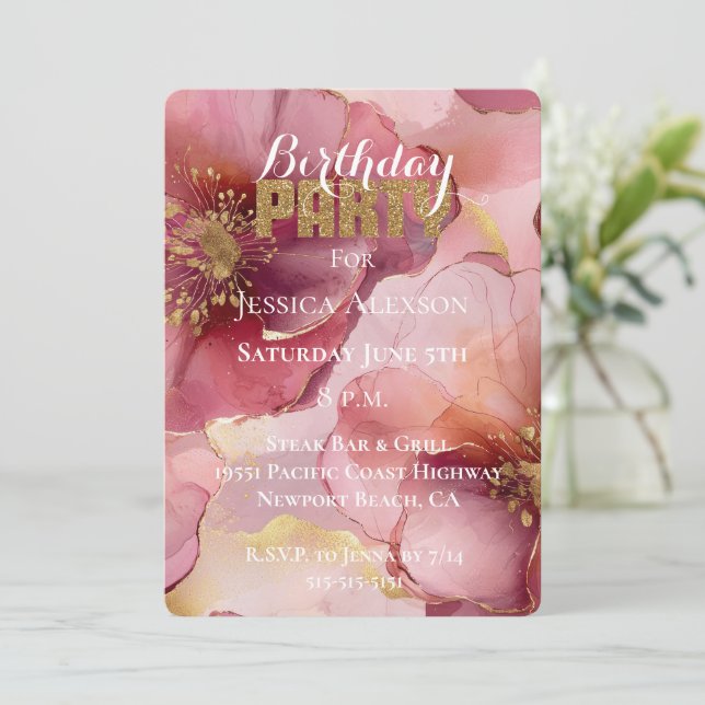 Guld Glitter Rouge Burgunder Blommor Födelsedag  Inbjudningar (Stående Fram)