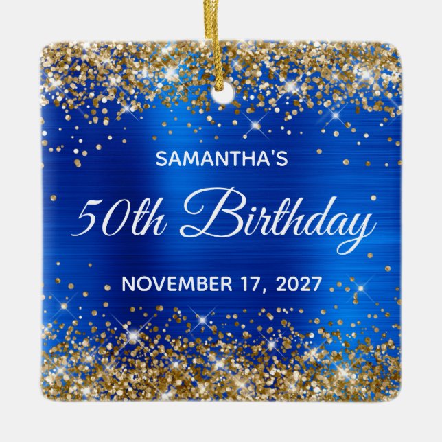 Guld Glitter Royal Blue Foil 50:e födelsedagen Julgransprydnad Keramik (Framsida)