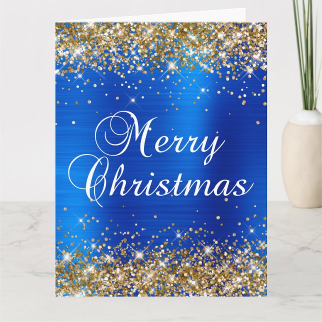 Guld Glitter Royal Blue Foil Big God jul Kort (Framsida)