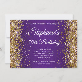 Guld Glitter Royal Lila Monogram 50 födelsedagar Inbjudningar