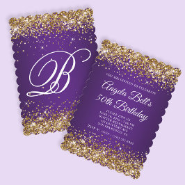 Guld Glitter Royal Lila Monogram 50 födelsedagar Inbjudningar