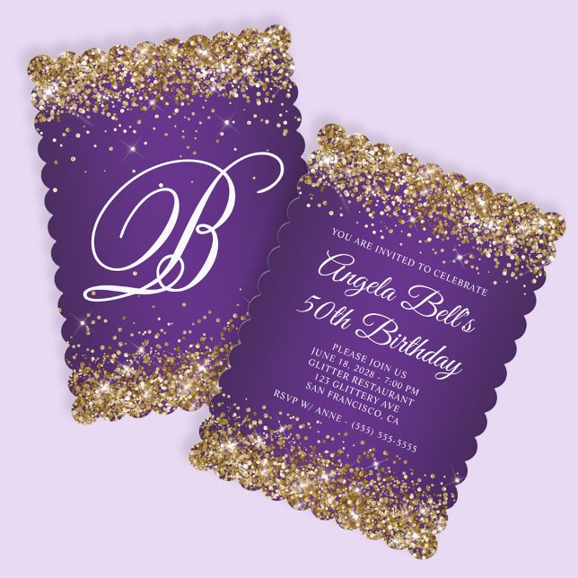 Guld Glitter Royal Lila Monogram 50 födelsedagar Inbjudningar (Create your own royal purple and faux gold glitter birthday invite.)