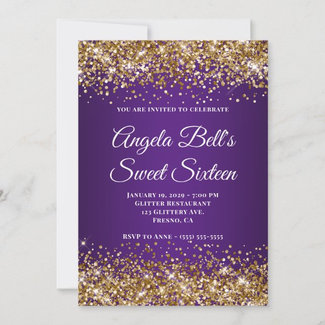 Guld Glitter Royal Lila Monogram Sweet sixteen Inbjudningar (Framsida)
