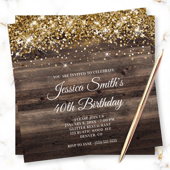 Guld Glitter Rustic Bistre Brown Wood Birthday Inbjudningar (Skapare uppladdad)