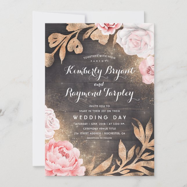 Guld Glitter | Rustic Land Blommigt Bröllop Inbjudningar (Framsida)