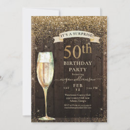 Guld Glitter Rustic Wood Surprise 50:e födelsedage Inbjudningar