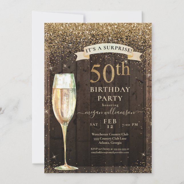 Guld Glitter Rustic Wood Surprise 50:e födelsedage Inbjudningar (Framsida)